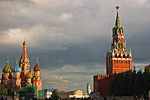 Saint Basil's Cathedral and Spasskaya Tower of Moscow Kremlin at Red Square in Moscow